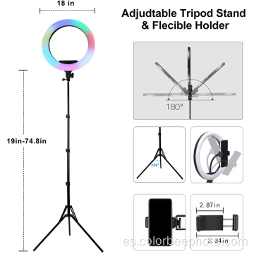 Anillo de luz led selfie RGB regulable de 18 pulgadas